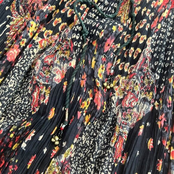 Vintage Boho Floral Patchwork Print Pleated Skirt Black Drawstring Hippie - Picture 3 of 7